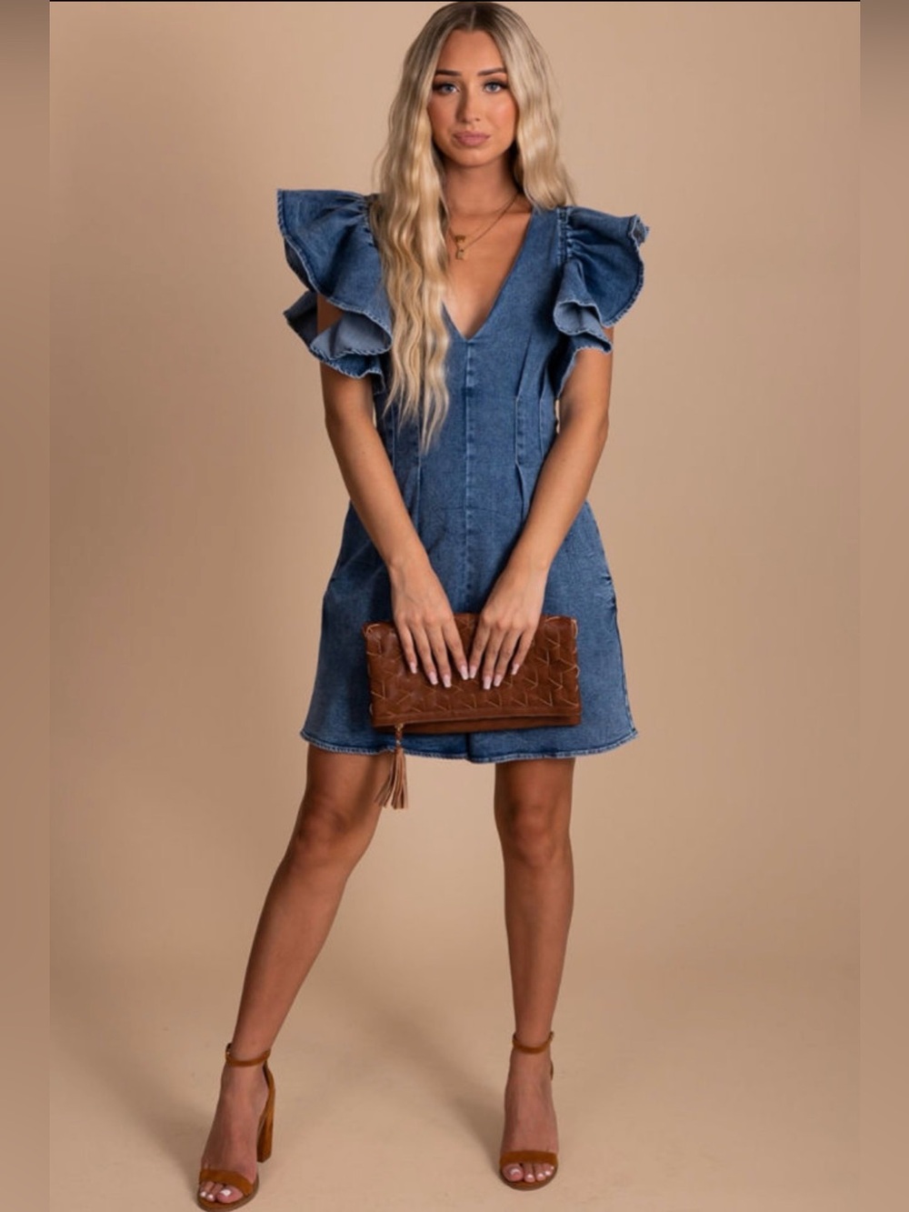 Denim Ruffle Sleeve V-Neck Romper